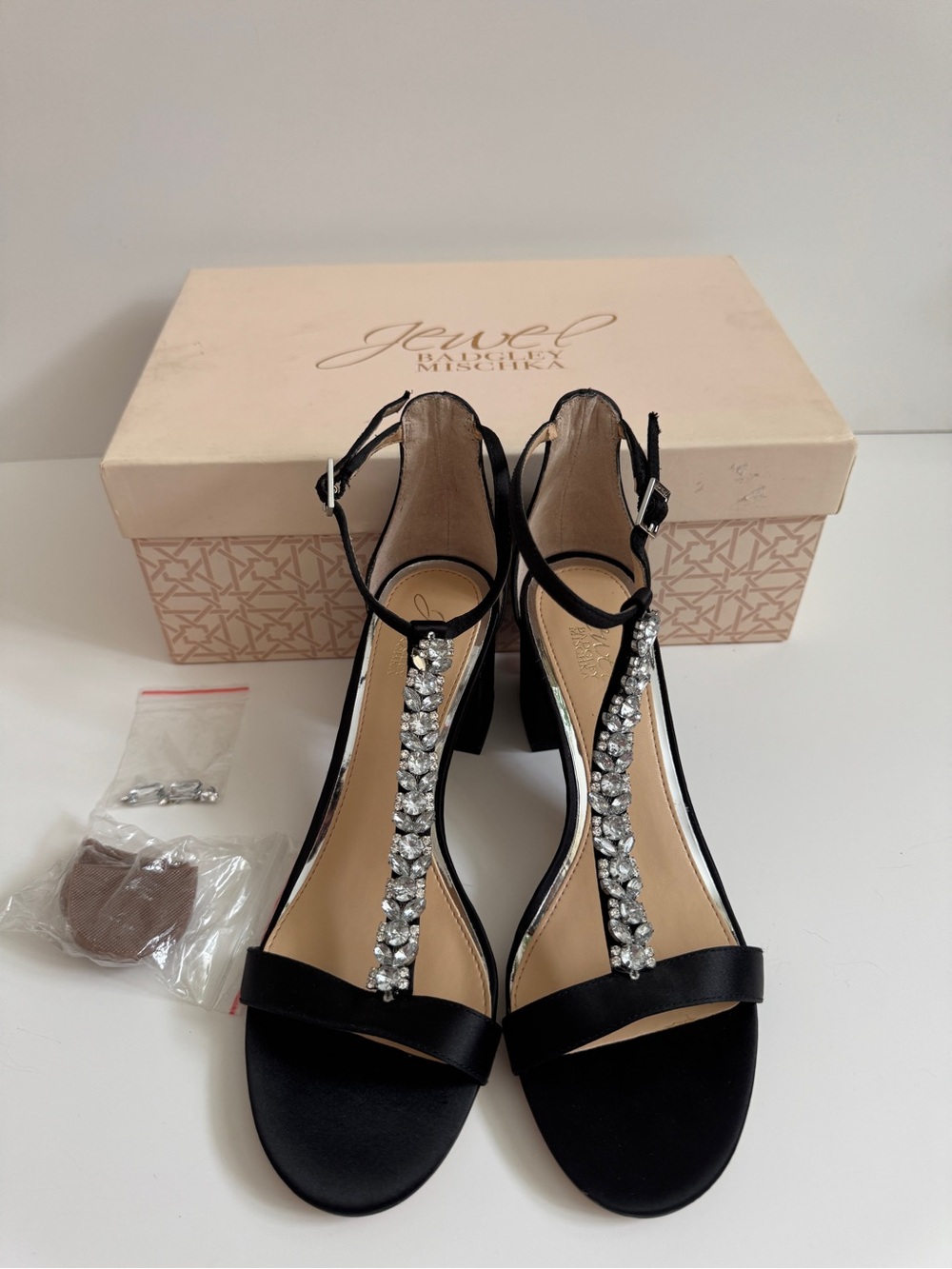 Jewel Badgley Mischka Black T-Strap Satin Heels with Crystal Embellishment